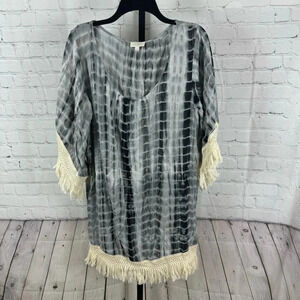 Umgee Gray Tie Dye Fringe Oversized Tunic Swim Cover Up Size Large